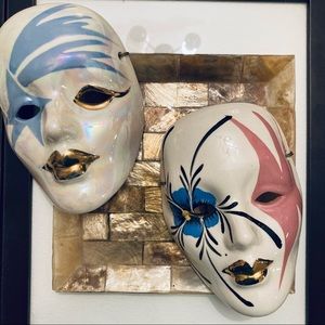 Porcelain Mardi Gras masks wall decor artist signed VTG